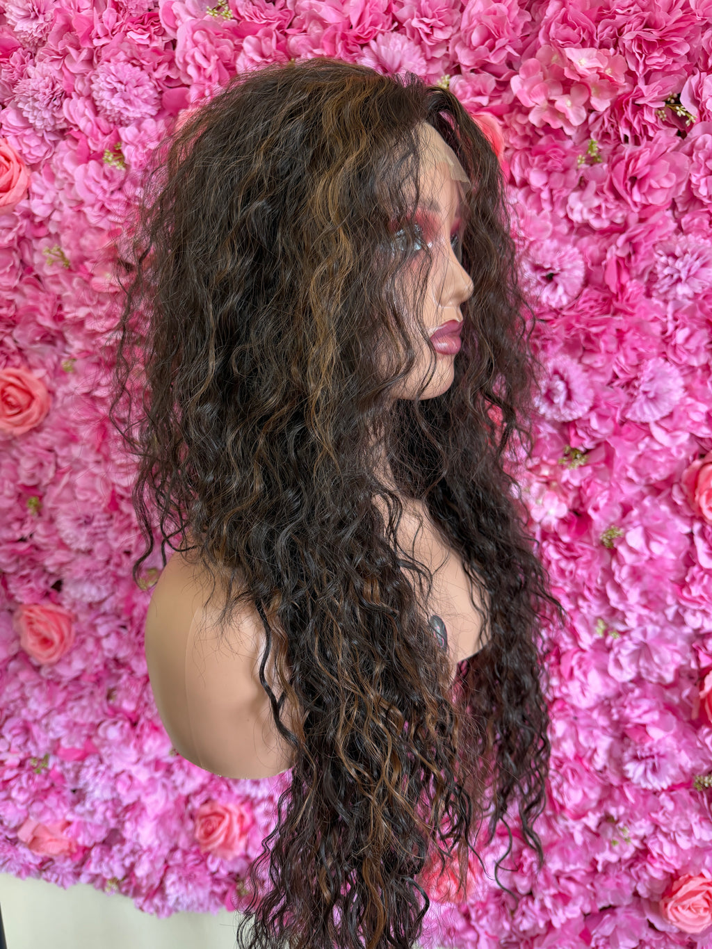 Peruka loczki Shakira brąz długa lace front pasemka