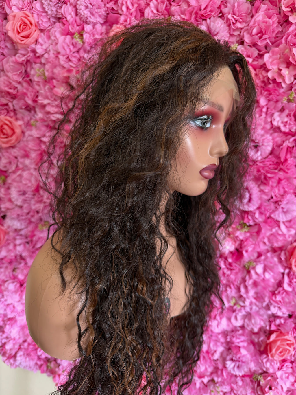 Peruka loczki Shakira brąz długa lace front pasemka
